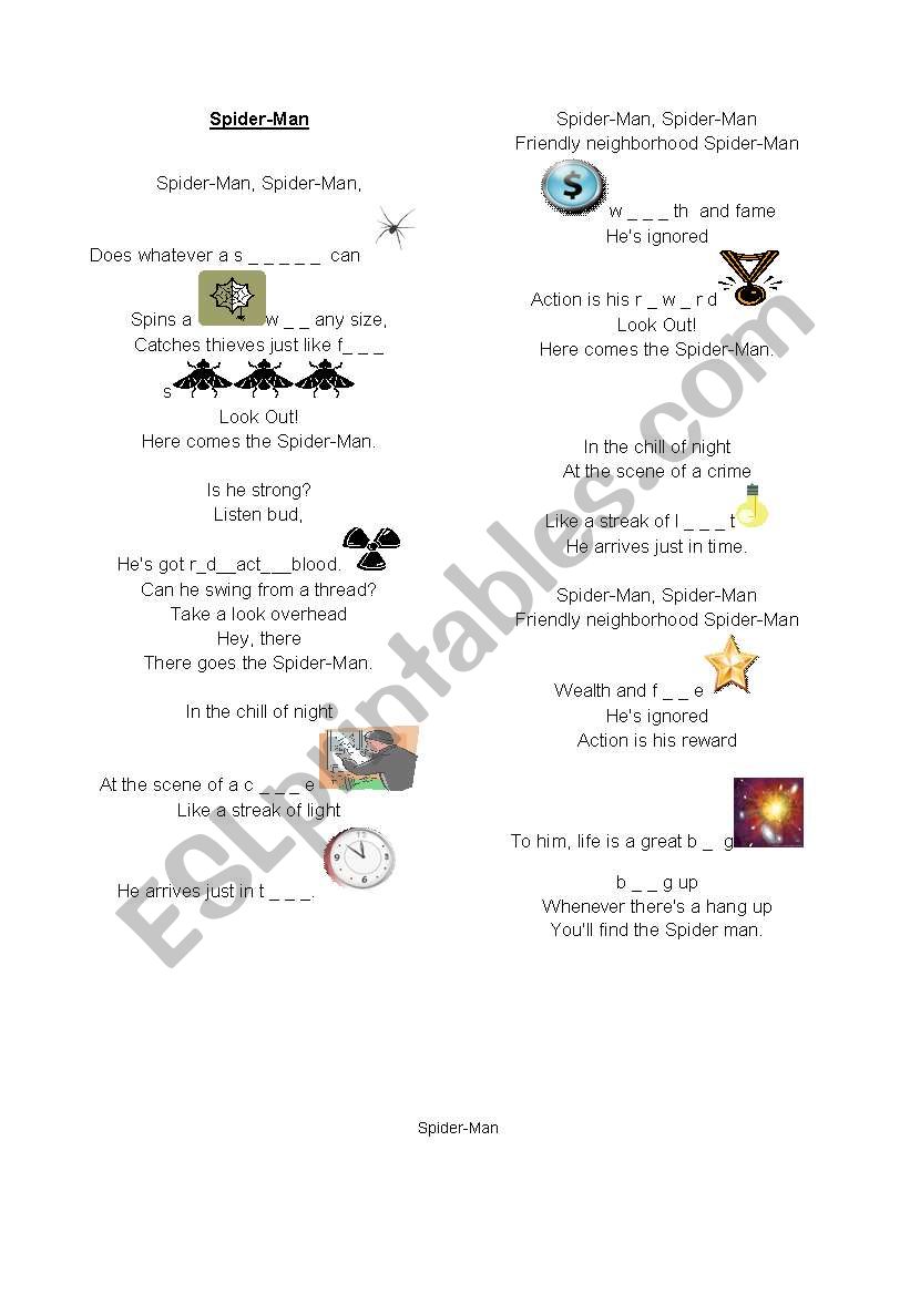 Spiderman song worksheet