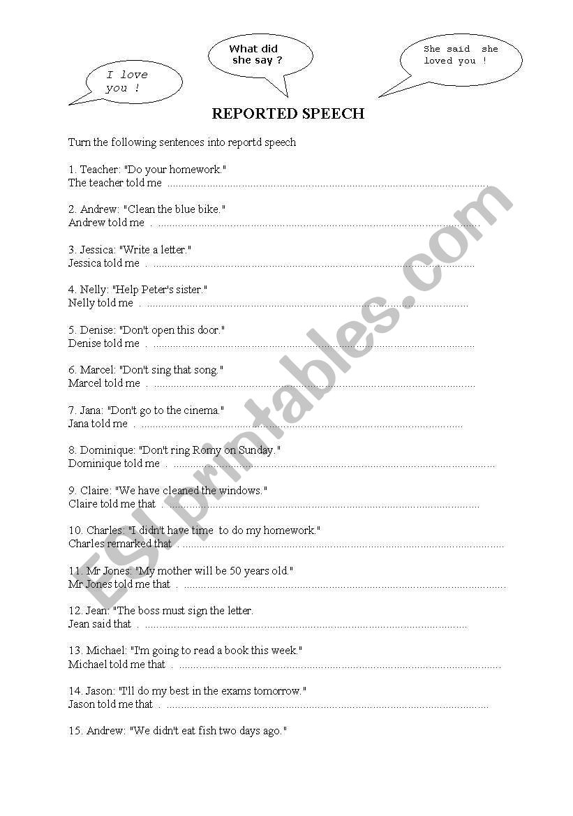 REPORTED SPEECH exercises worksheet