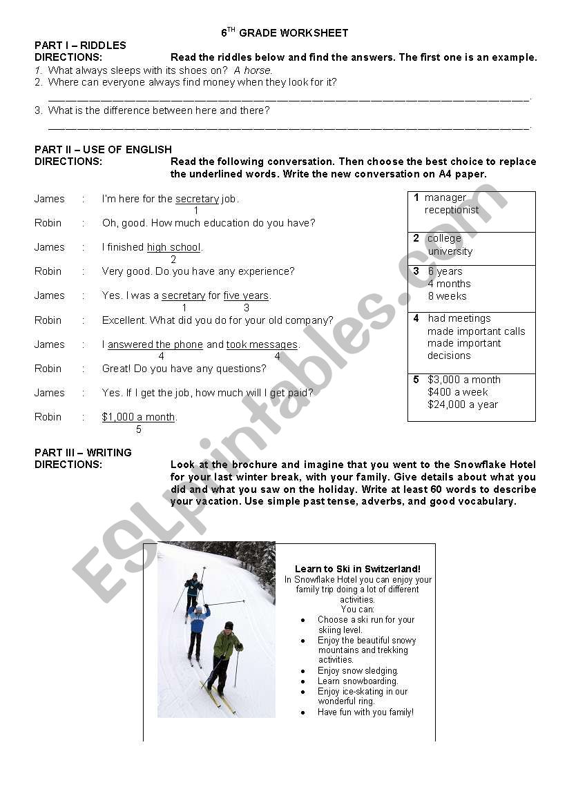 6TH GRADE SIMPLE PAST WRITING AND SENTENCE TRANSFORMATION