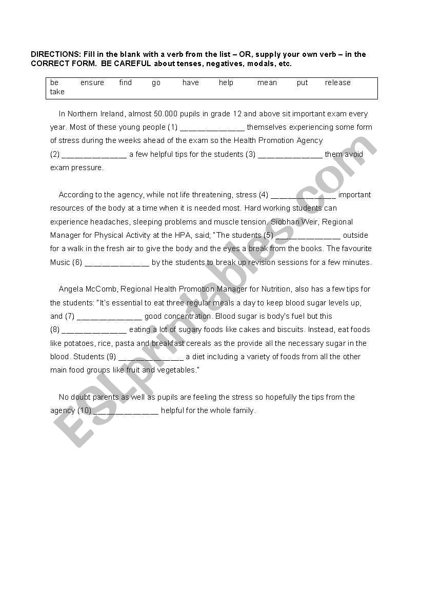 Verb Tense Story-Exams worksheet