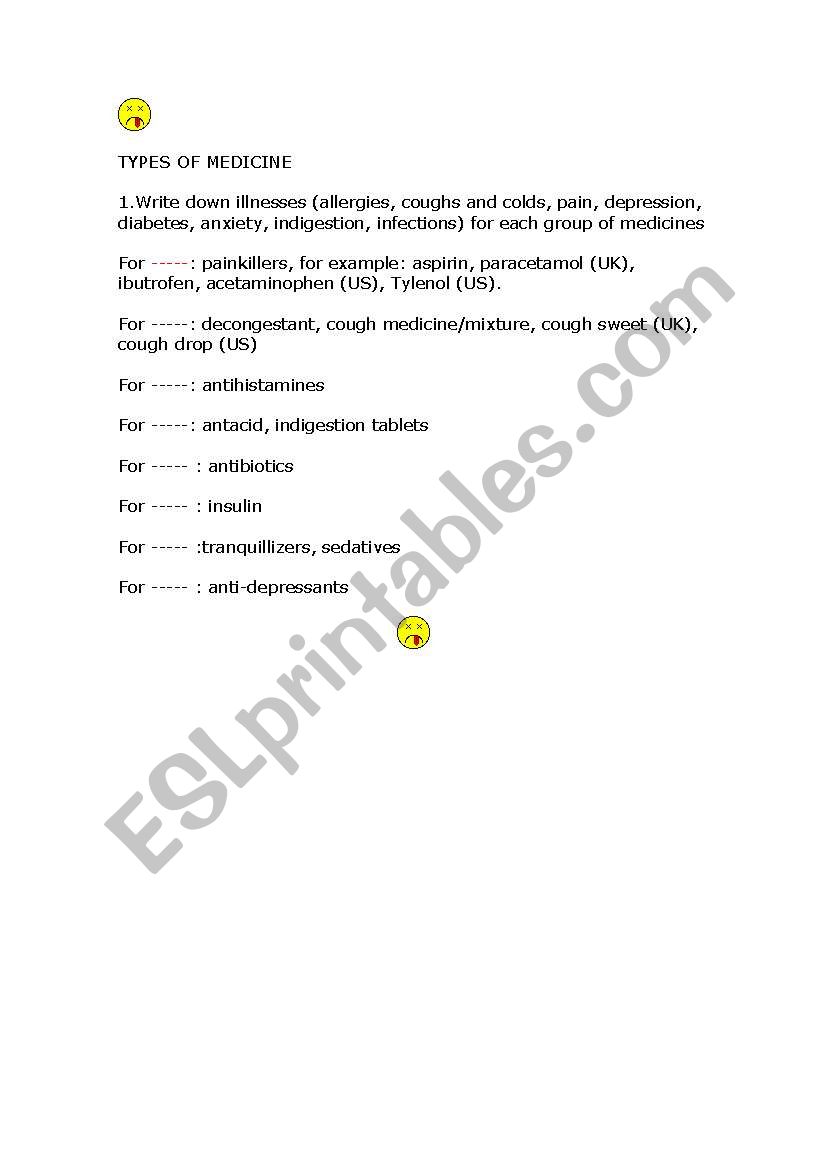 TYPES OF MEDICINE worksheet