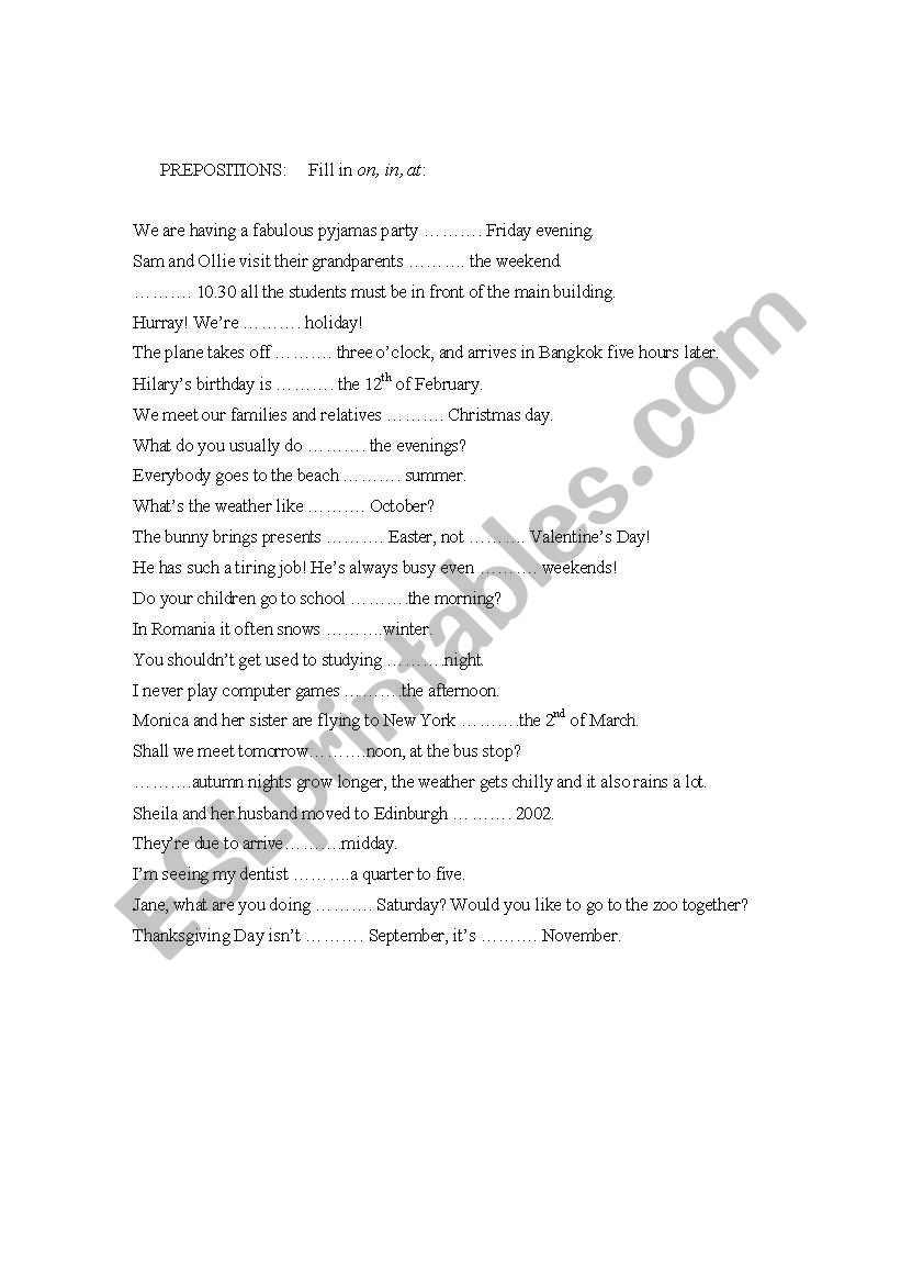 Prepositions of time worksheet