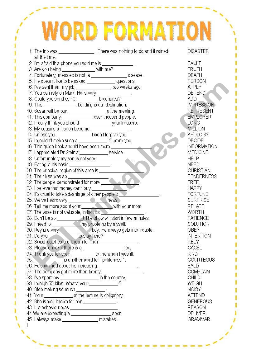 !!! WORD FORMATION 45 sentences + KEY !!!