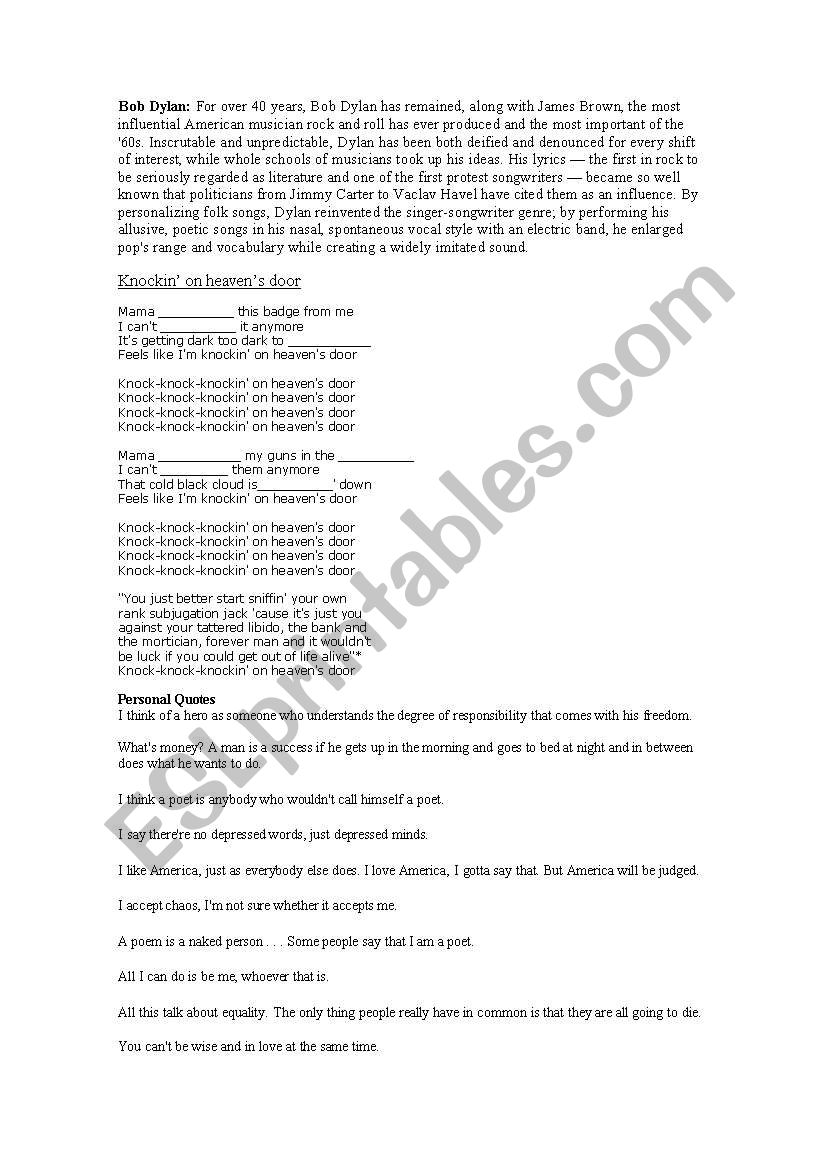 Bob Dylan worksheet