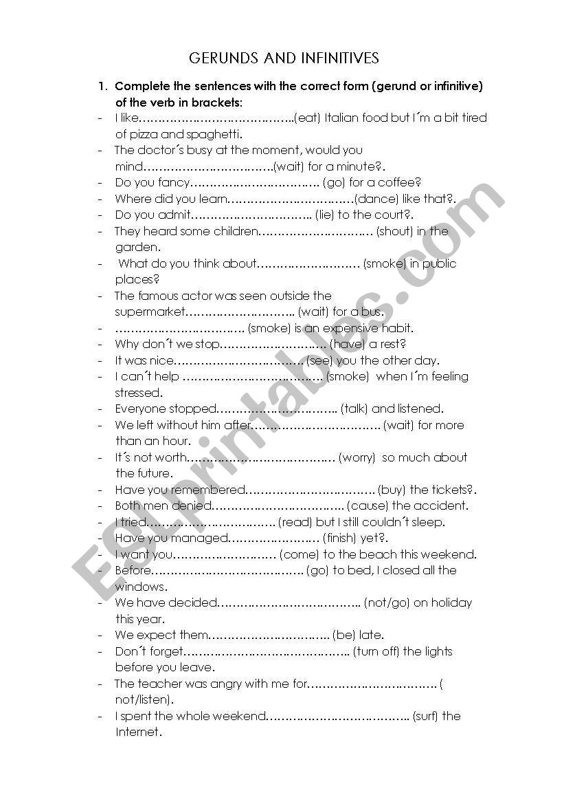 Gerunds and Infinitives worksheet