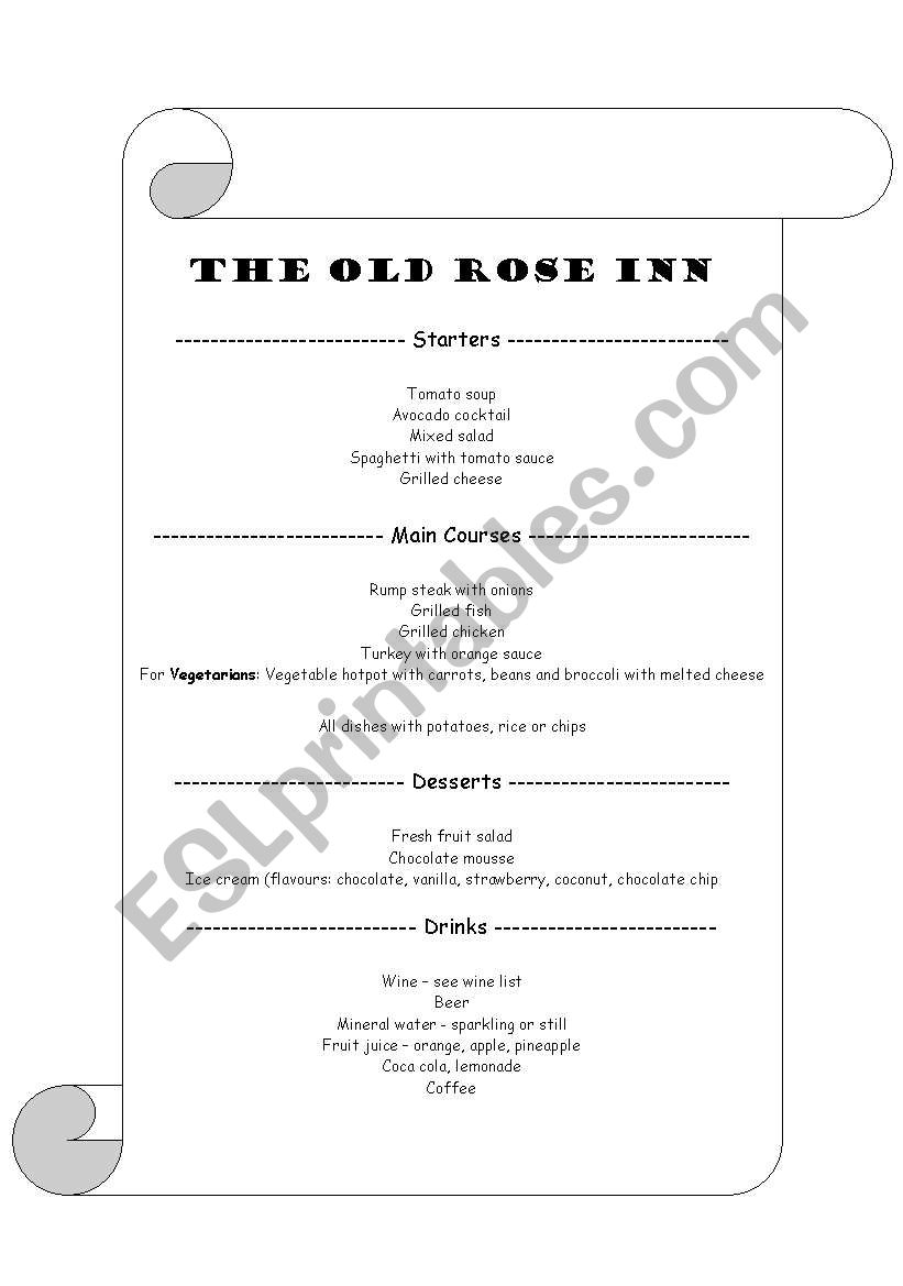 Menu worksheet