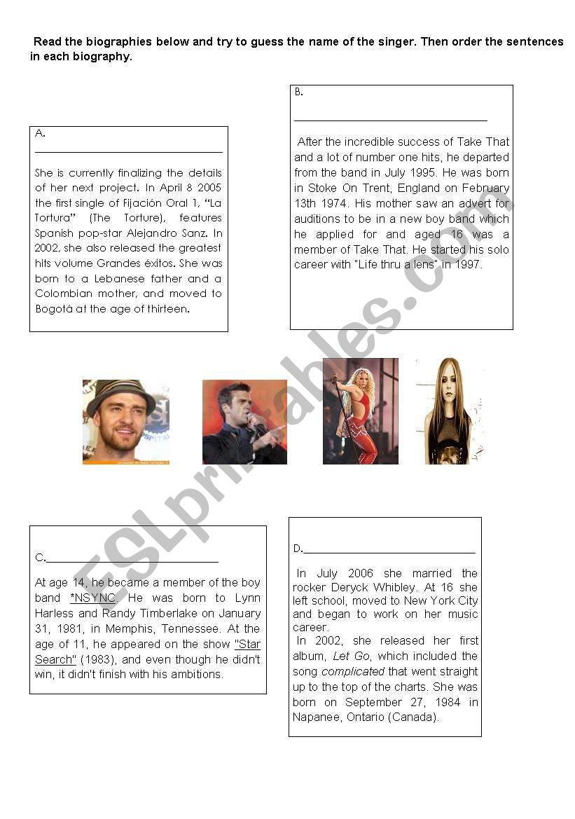 SINGERS BIOGRAPHIES worksheet