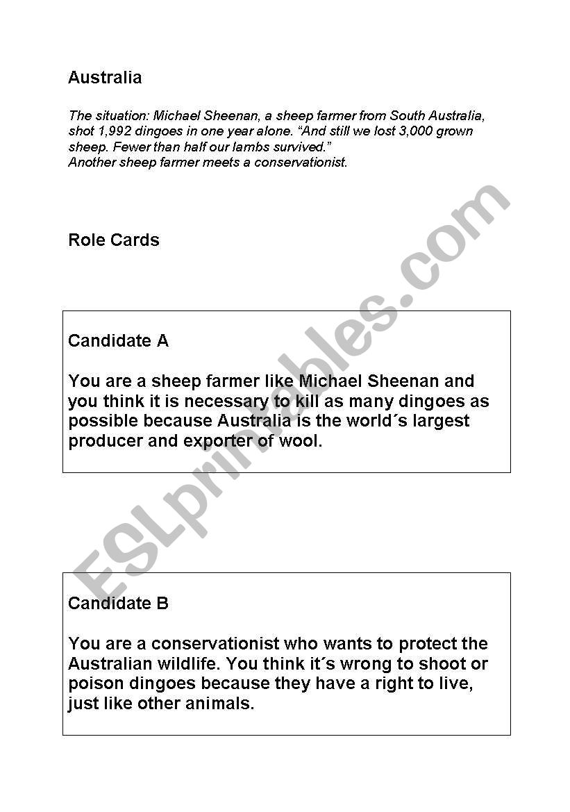 role play Australia worksheet