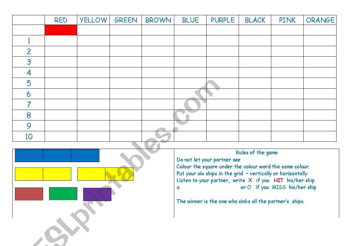 bbattleship colours and numbers