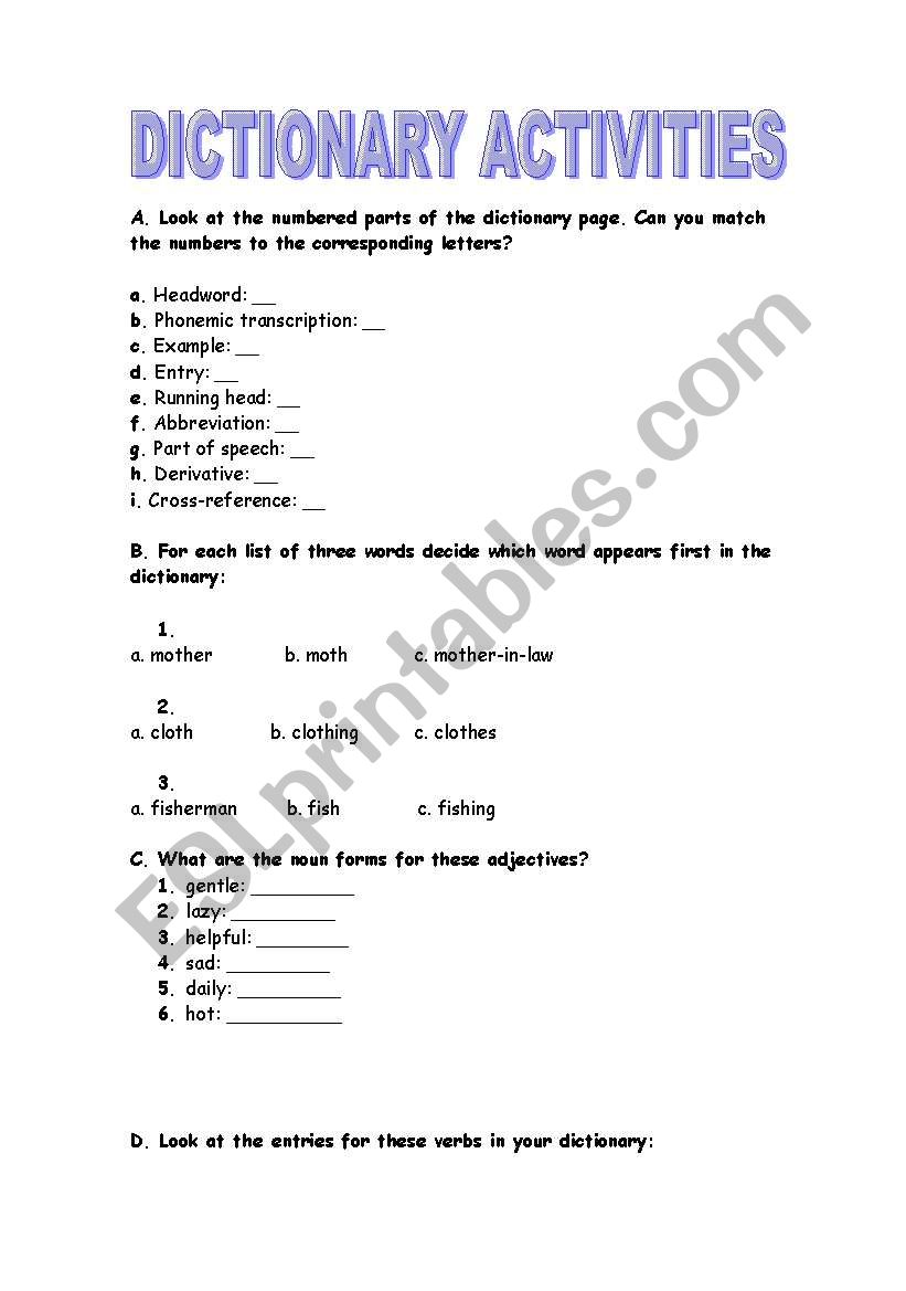 Dictionary activities worksheet