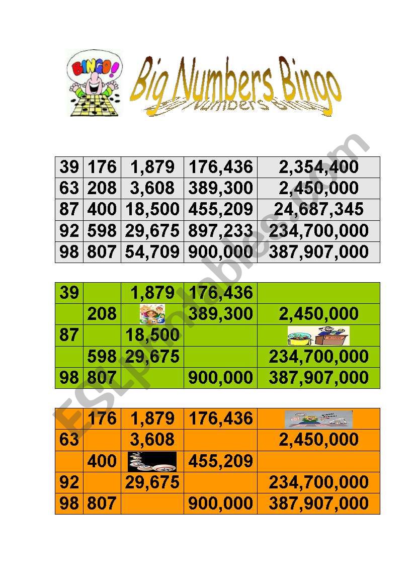 Big Numbers Bingo worksheet