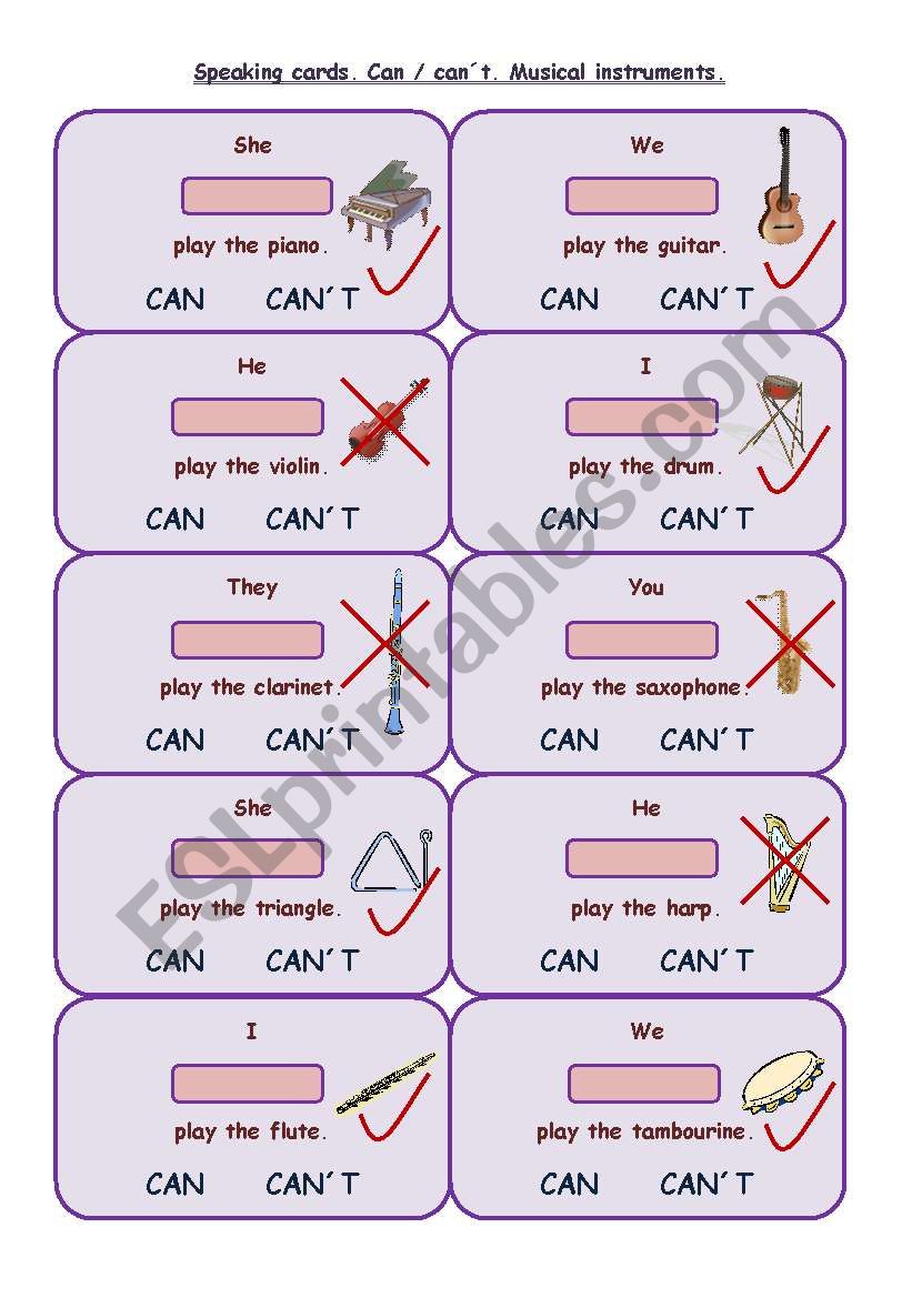 Speaking cards - can/cant - musical instruments