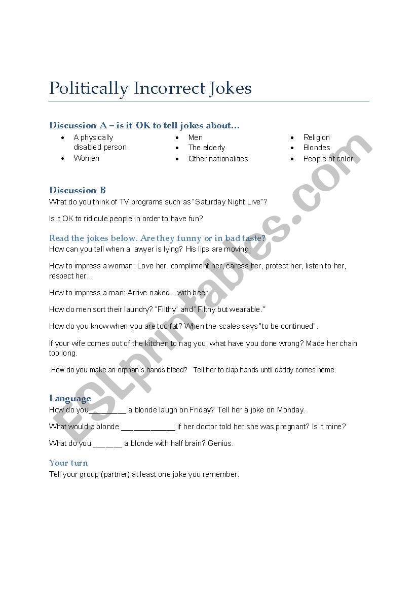 Politically Incorrect Jokes worksheet