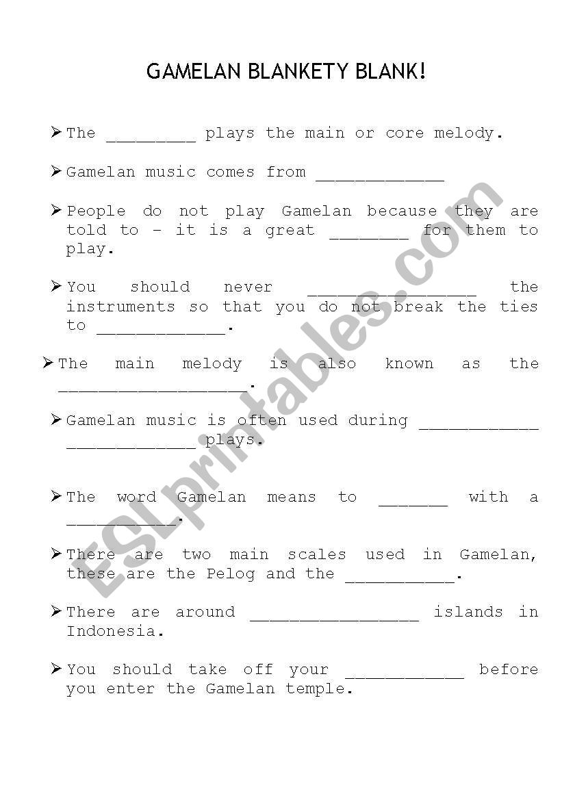 Gamelan Music Blankety Blank worksheet