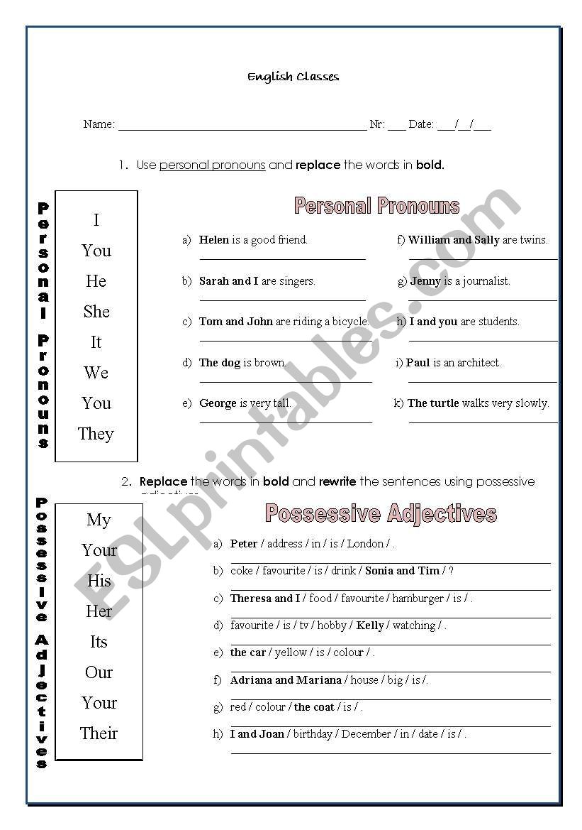 Personal pronouns and Possessive adjectives