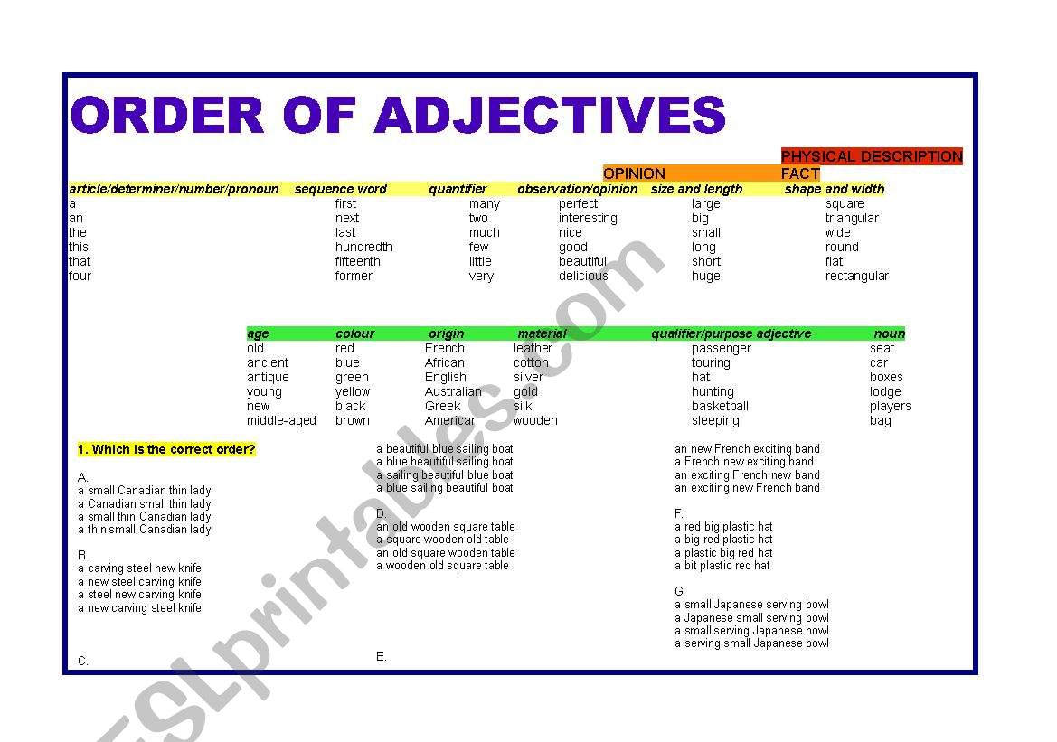 ORDER OF ADJECTIVES worksheet