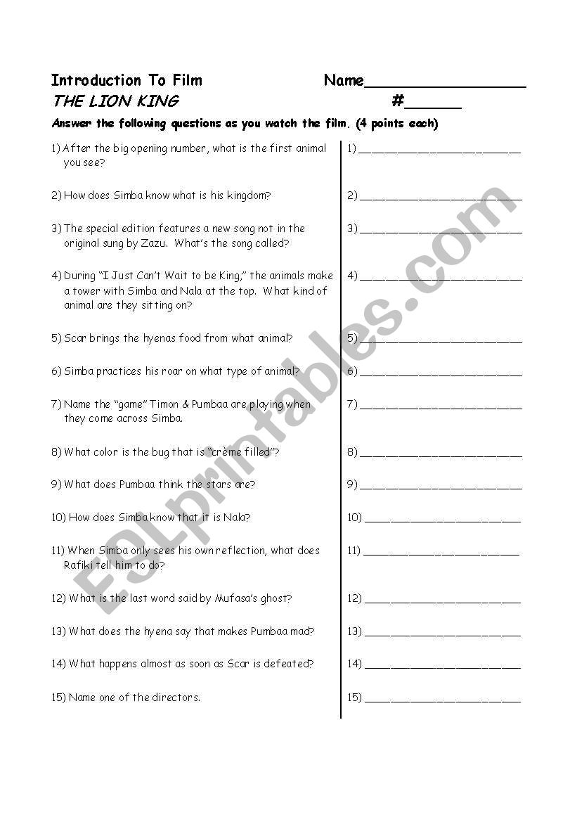 The Lion King Movie Worksheet worksheet