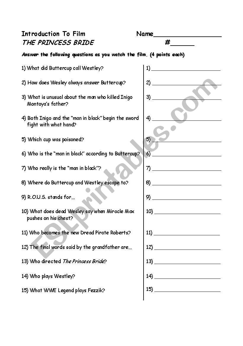 The Princess Bride movie worksheet