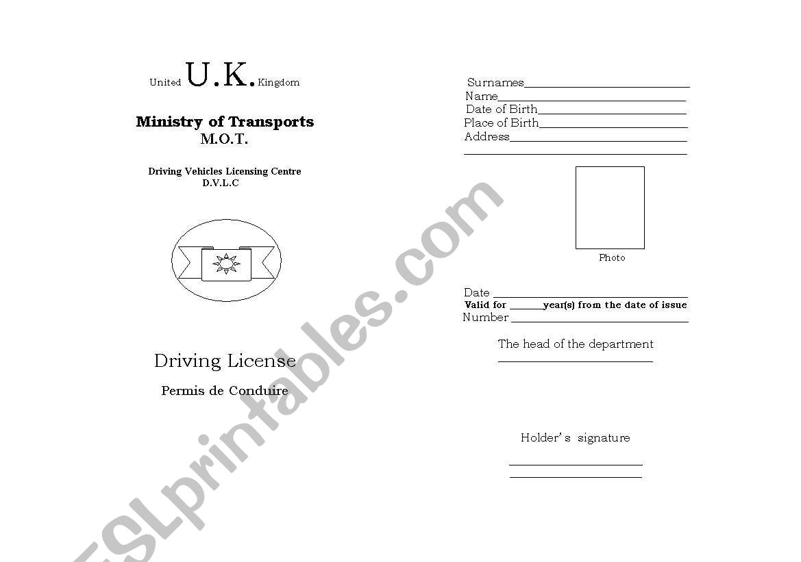 Driving license worksheet