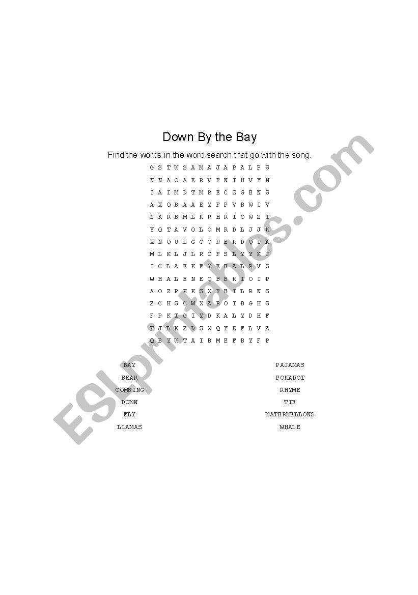 Down By the Bay word search worksheet