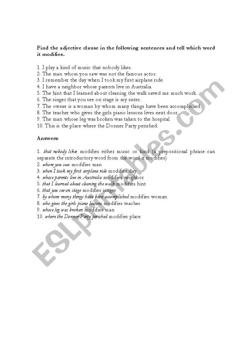 Adjective Clause worksheet