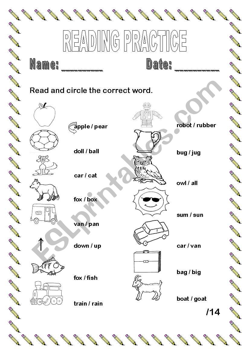 Alphabet words reading worksheet