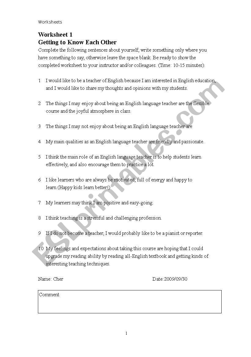 Getting to Know Each Other worksheet