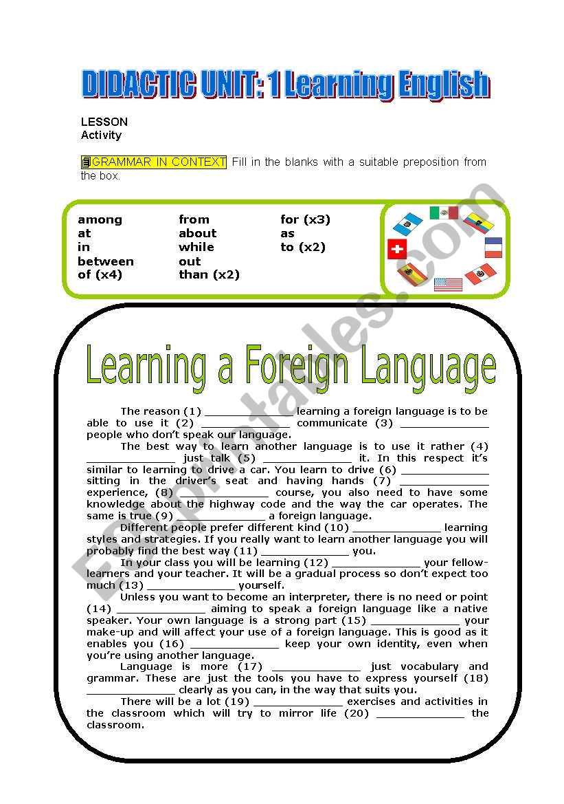 Learning English prepositions worksheet