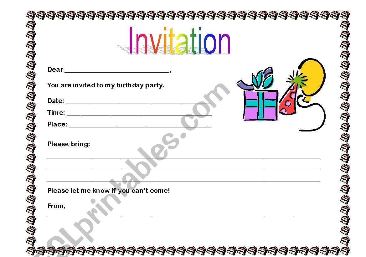 Birthday invitation worksheet