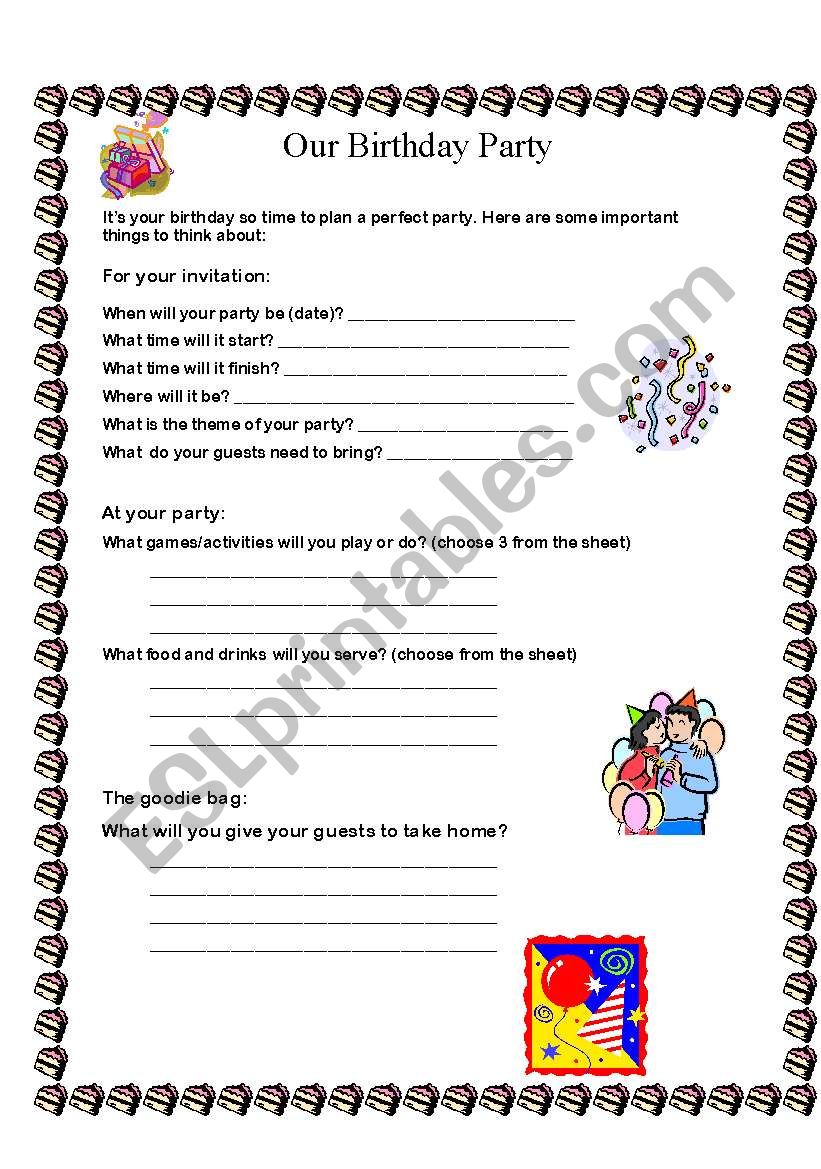 Birthday planning sheet worksheet