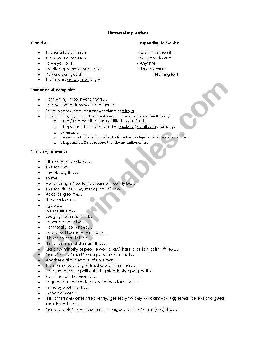 Universal Expressions worksheet