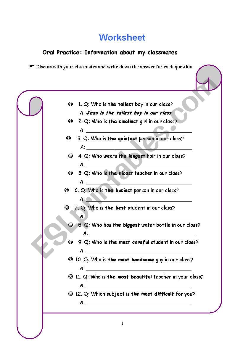 oral practice (superlatives) worksheet