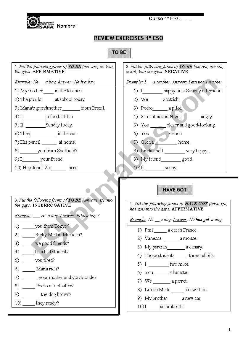 Review 1ESO Grammar worksheet