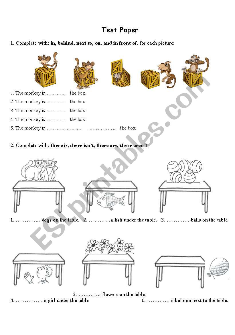 Prepositions of place - test paper