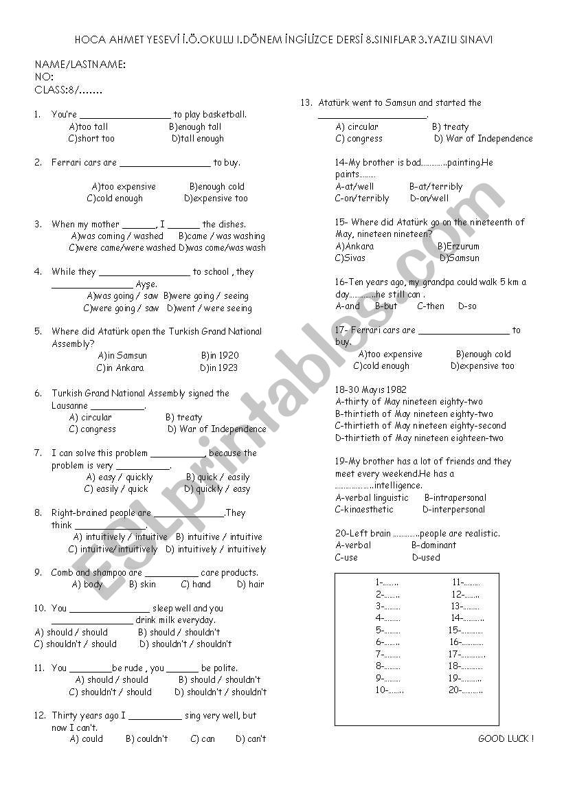 revision test worksheet