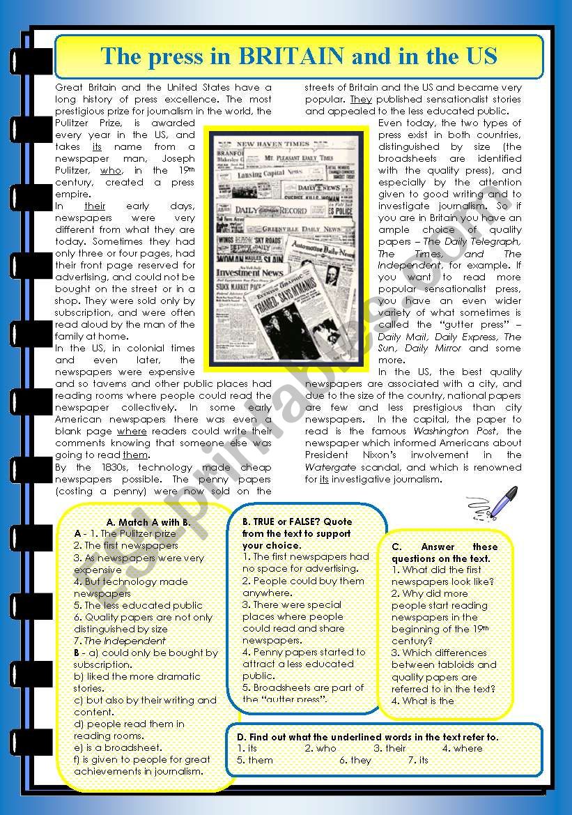 THE PRESS - TEXT + INTERPRETATION + GRAMMAR + WRITING + KEY