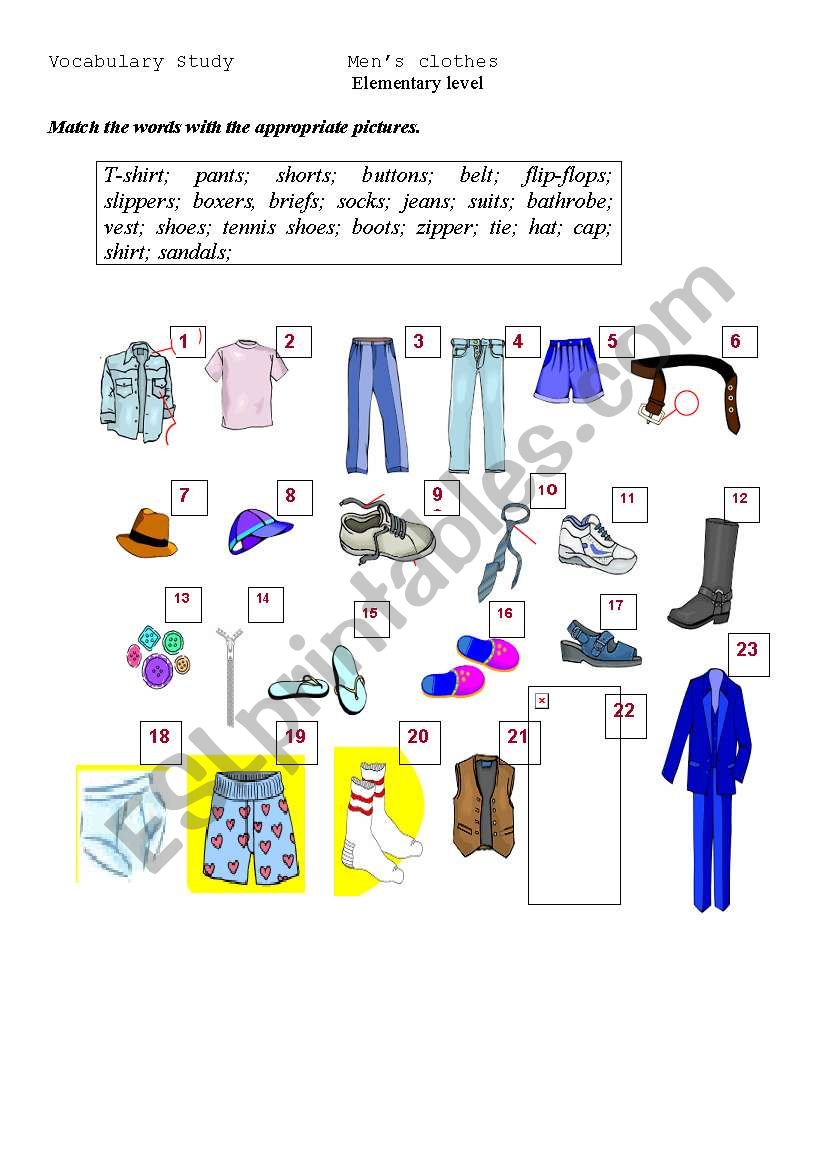 men clothes worksheet