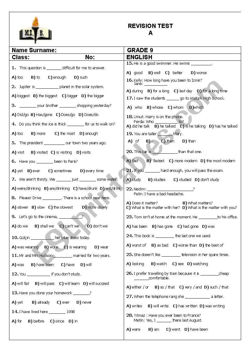 A Pre-Intermediate Revision Test for The Beginning of an Intermediate Course