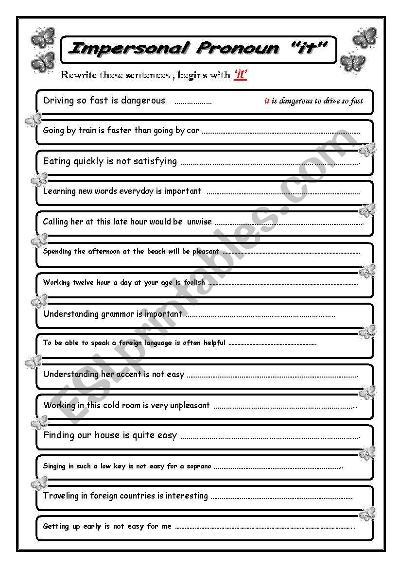 Impersonal pronoun it worksheet