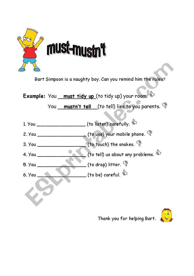 Must/Mustnt Worksheet worksheet