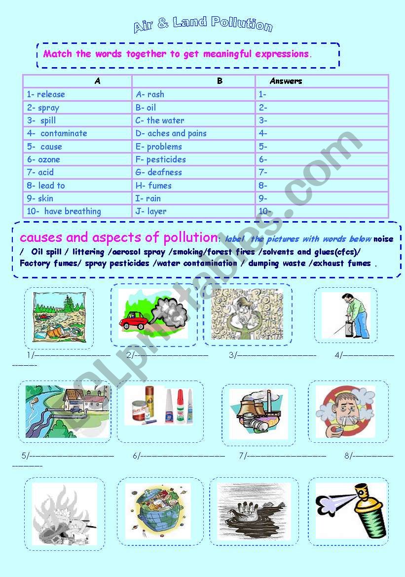 pollution :causes and aspects worksheet