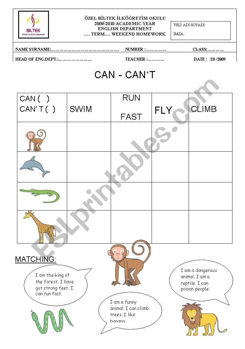 can- canÂ´t (animals) worksheet