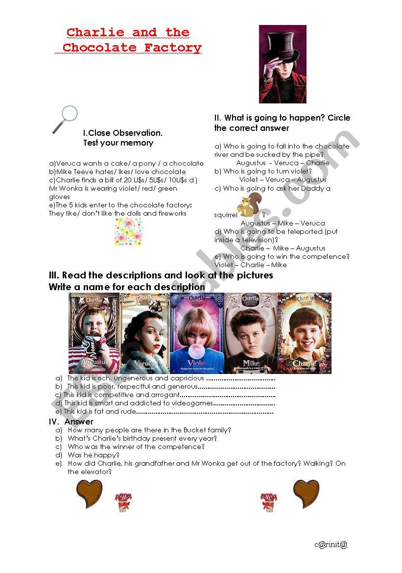 Charlie and the Chocolate Factory (2005) Student´s Worksheet - ESL ...
