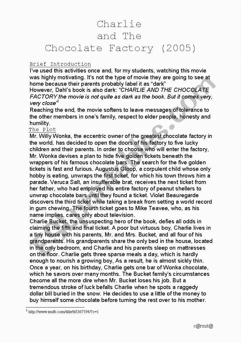 Charlie And The Chocolate Factory 2005 Teacher S Worksheet Answer Key Esl Worksheet By Carinita