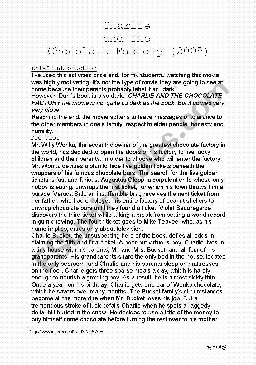 Charlie and the Chocolate Factory (2005) Teachers Worksheet + Answer Key