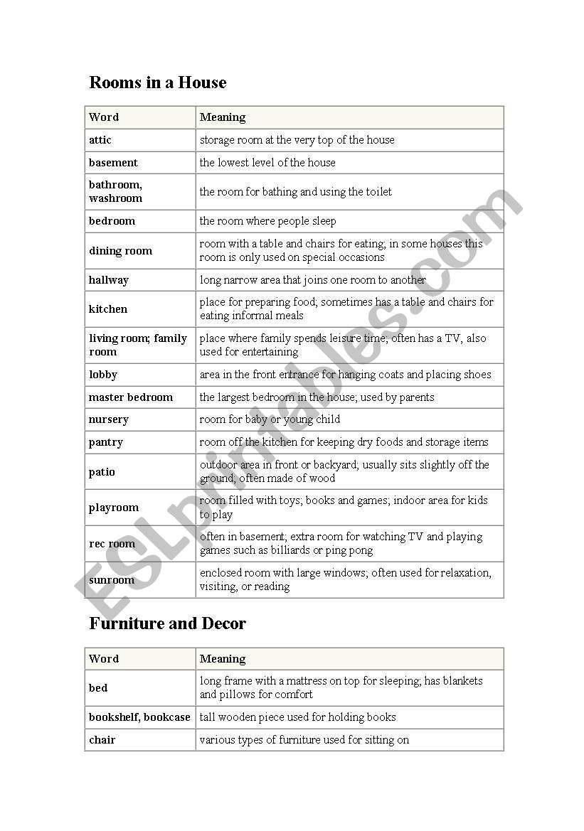 Rooms in a house worksheet