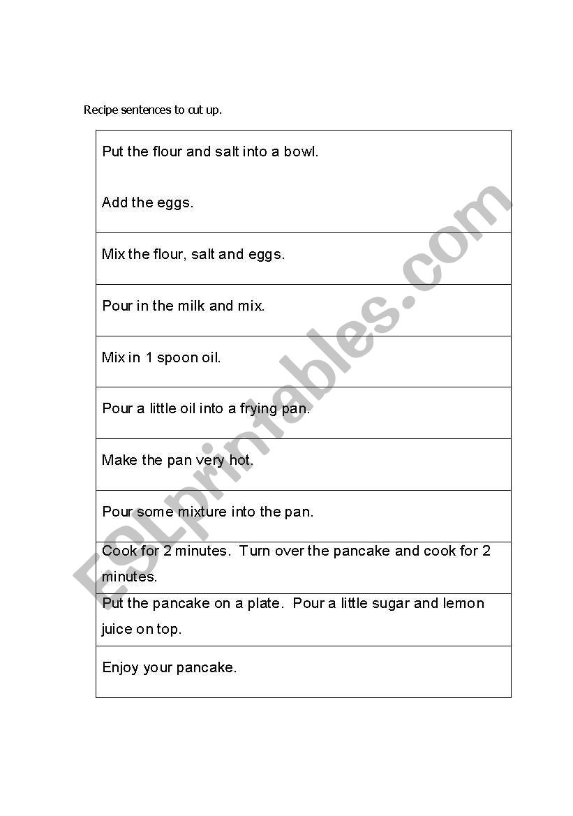 Pancake recipe sentences worksheet