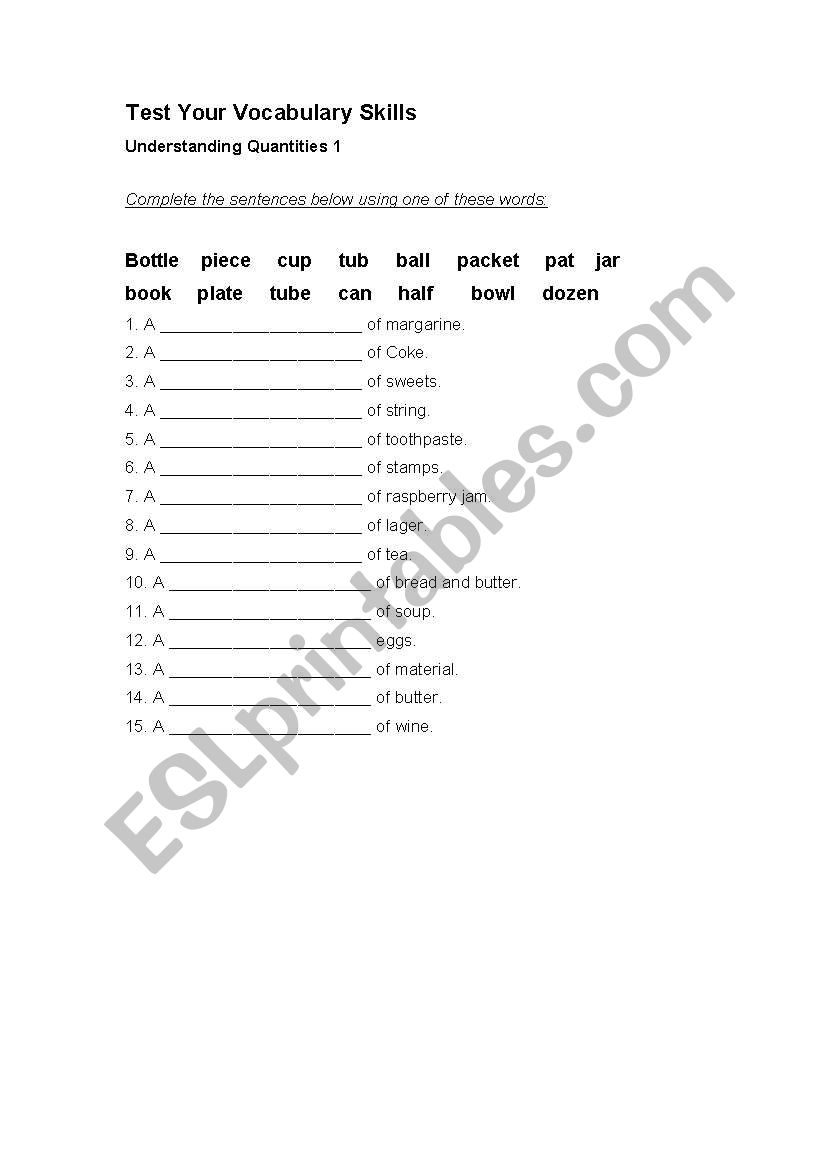 Uderstanding Quantities worksheet