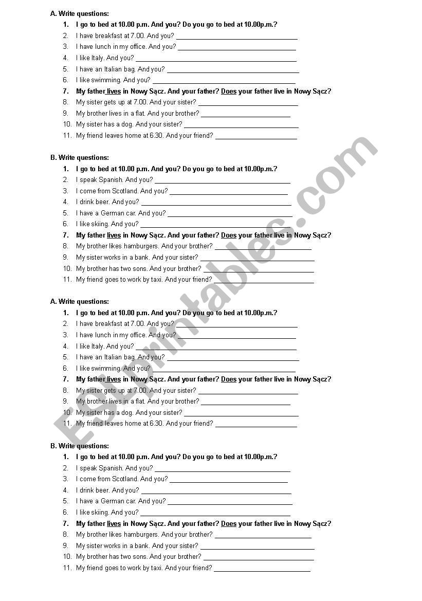 questions - pair work worksheet