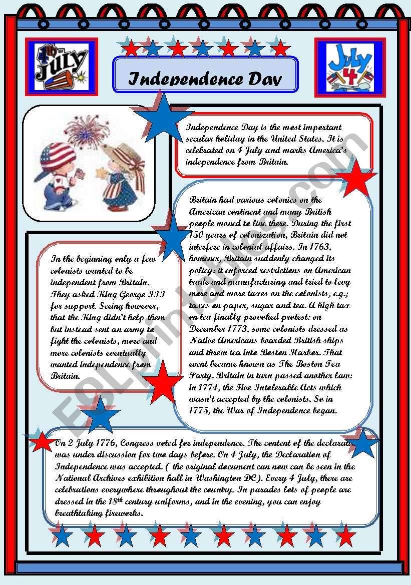 Independence Day 4 July  READING  COMPREHENSION 2PAGES